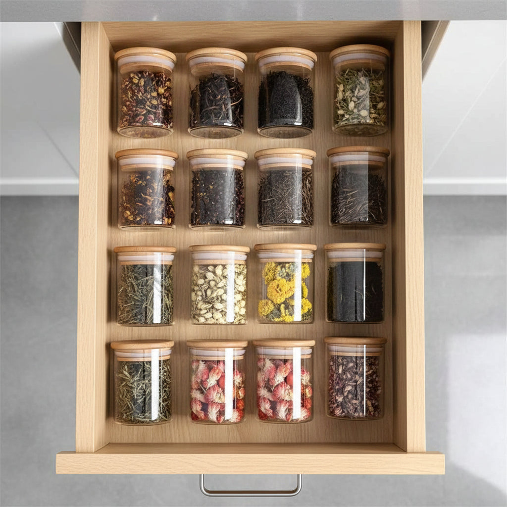 epices rangement en verre tiroir