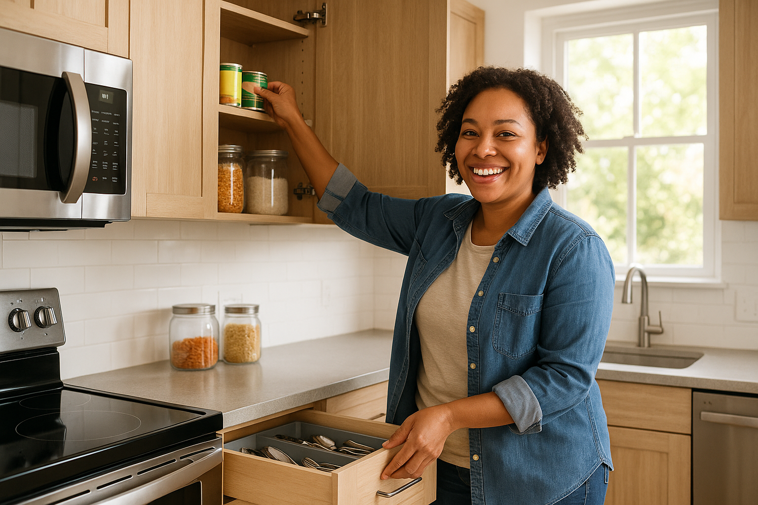 Humain souriant dans le rangement cuisine