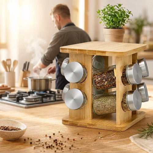 porte epice rotatif en bambou et pots de verre