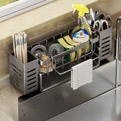 porte éponge cuisine en métal gris